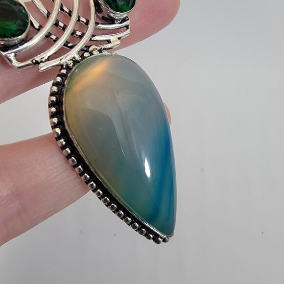 Handmade Silver Pendant with Teardrop Blue Agate and Green Quartz Gemstones Trio - Picture 9 of 10